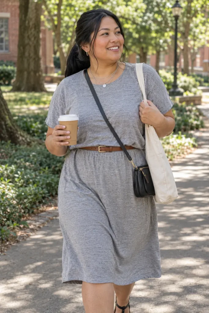  Plus size woman in a gray belted T-shirt dress and sandals on a shaded campus path