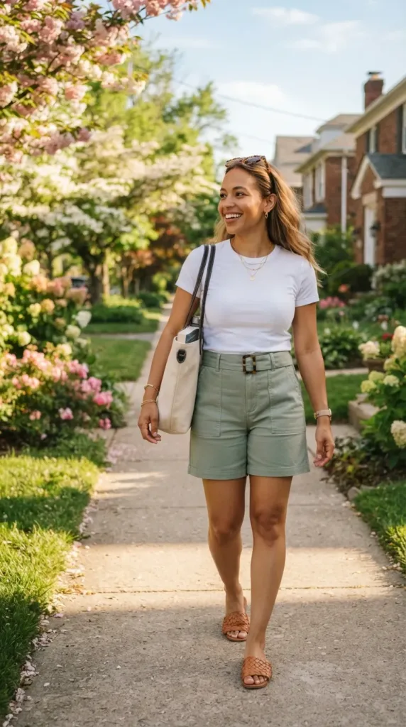 Petite curvy woman in sage green Bermuda shorts, white tee, and tan sandals on a sunny street