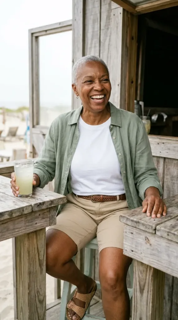 What to Wear on a Beach Vacation Over 50 8 Woman over 50 in khaki Bermuda shorts, white tee and open linen shirt at a beach cafΓ© patio