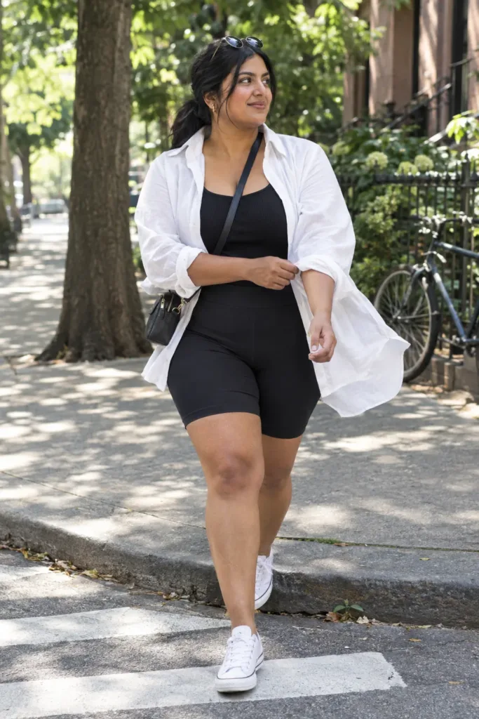  Curvy woman wearing black biker shorts, a longline tank and an open white linen shirt