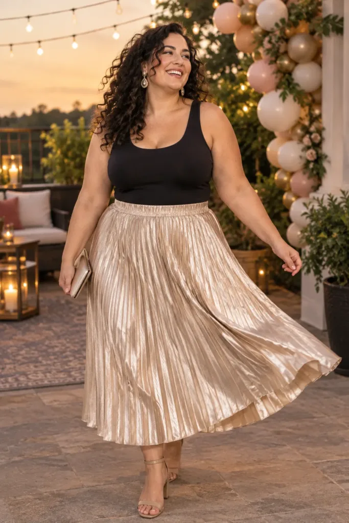  Curvy birthday party outfit with a champagne pleated midi skirt and black bodysuit