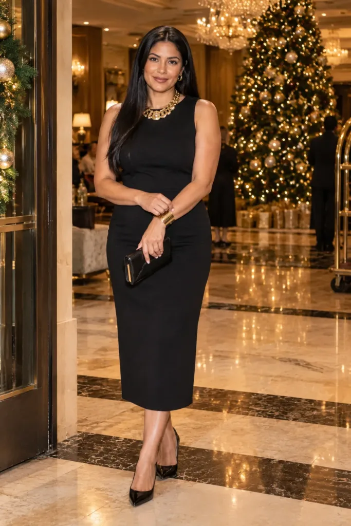 Woman over 50 in black column dress