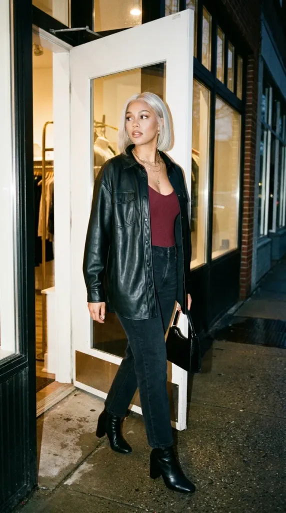 Plus-size woman in a black faux-leather oversized shacket with Bordeaux top and dark jeans at night
