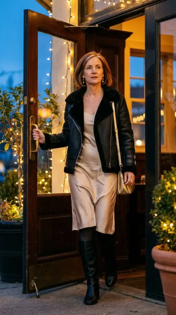 Woman in a black faux shearling moto jacket over a champagne slip dress and knee-high boots