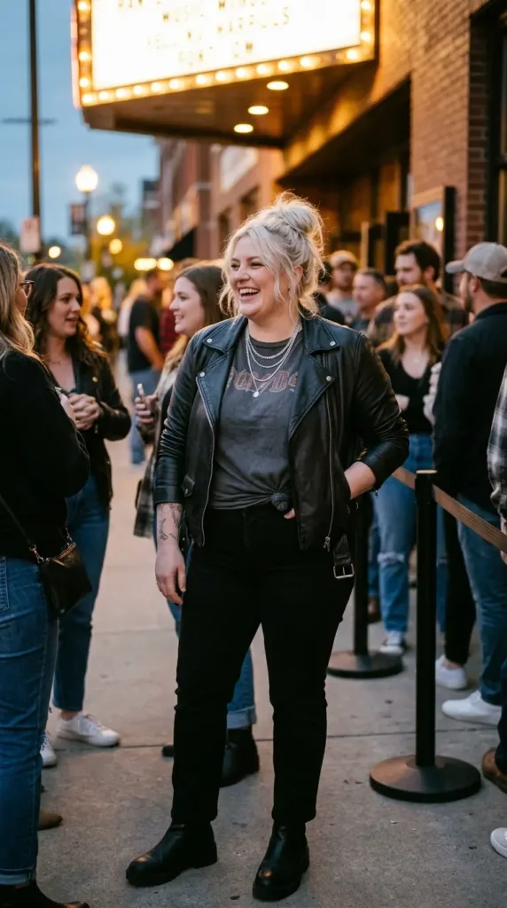 Woman in black jeans, band tee, leather jacket and lug-sole boots outside a concert venue