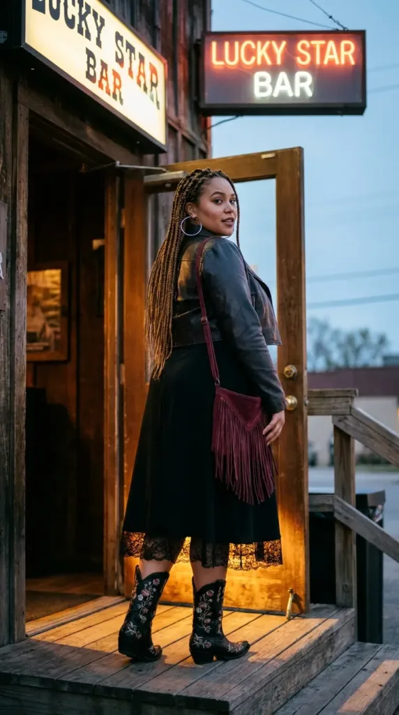 Woman in a black lace-trim midi dress and floral-stitched western boots, a boo western date night outfit