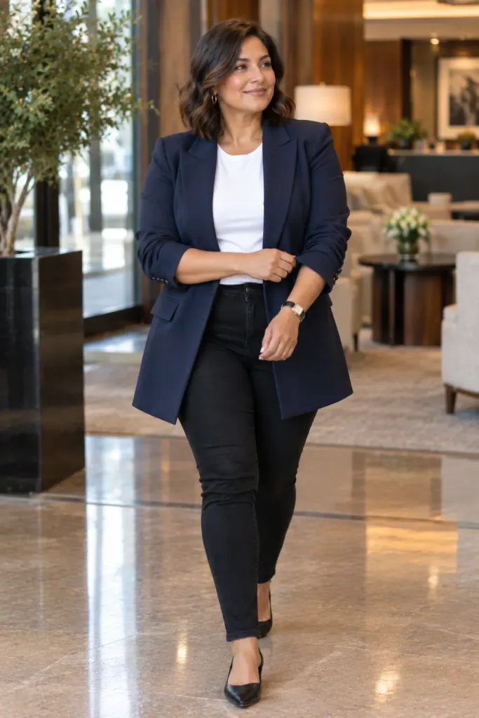 Professional woman over 50 in black skinny jeans