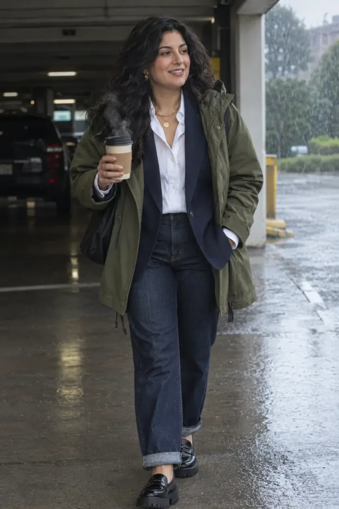 Plus size woman in navy blazer, dark jeans and olive anorak leaving a parking garage on a rainy workday