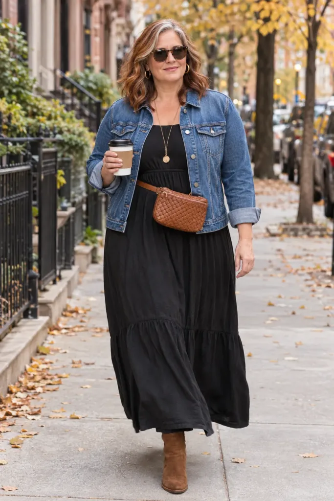 Fall Outfits for Plus-Size Women Over 50 That Feel Comfortable and Stylish 8 Plus-size woman over 50 in empire waist maxi dress