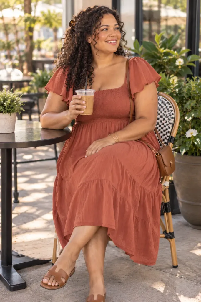  Plus size woman in a terracotta smocked babydoll sundress with crossbody bag on a coffee shop patio