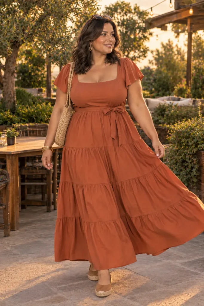 10 Plus Size Summer Going Out Outfits You'll Love 5 Terracotta tiered maxi dress on a curvy woman, comfortable plus size summer evening outfit