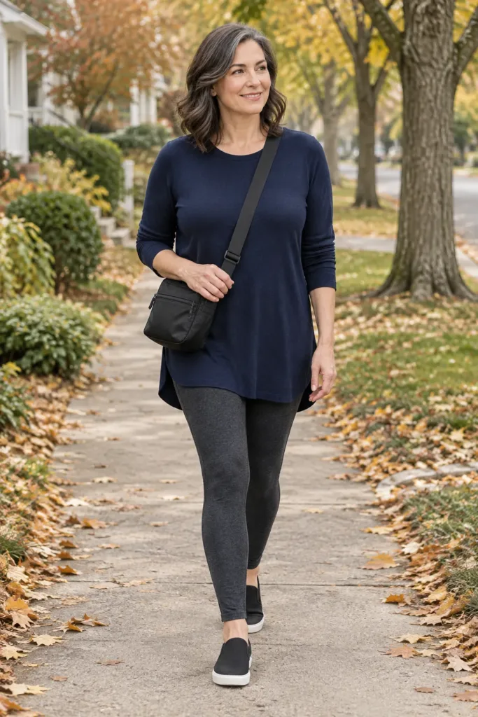 Navy tunic and charcoal leggings