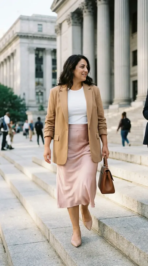 Woman in blush satin midi skirt, camel blazer and white tee walking up sunny plaza steps