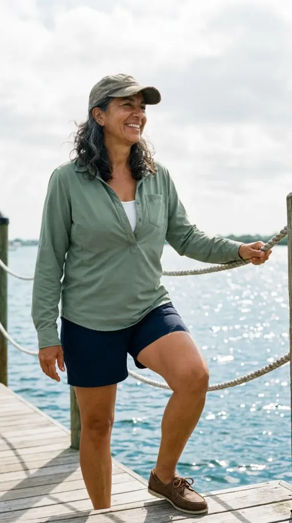 What to Wear on a Beach Vacation Over 50 5 Woman over 50 in a sage UPF sun shirt and navy shorts on a marina dock, boat day beach outfit