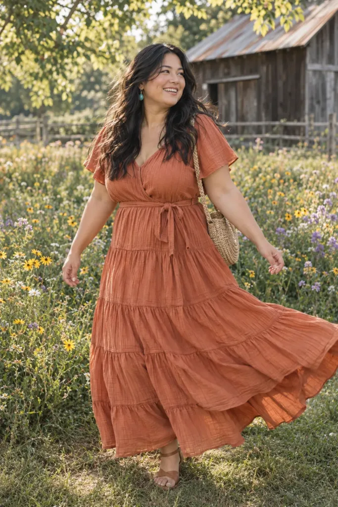 10 Amazing Plus Size Summer Wedding Dresses for Curvy Women 7 Curvy woman in a terracotta tiered maxi dress at a boho summer wedding
