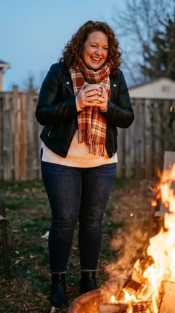 10 Fall Capsule Outfits for Midsize and Plus-Size Women 11 Woman in cream sweater, leather jacket and dark jeans by a bonfire, a cozy fall capsule wardrobe outfit