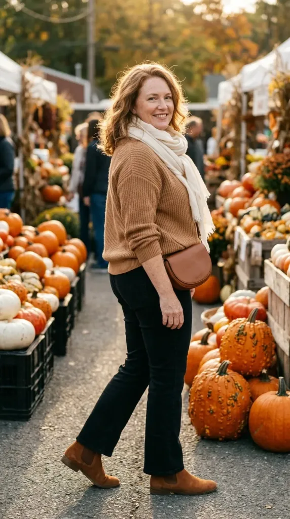 Black bootcut jeans outfit with a camel sweater and cognac ankle boots at a fall market