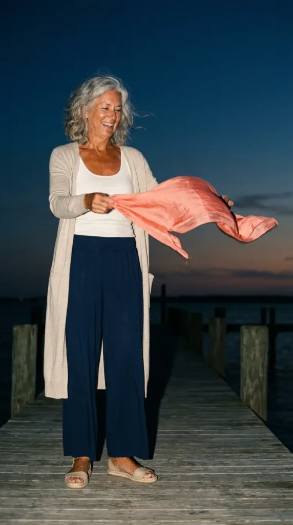 What to Wear on a Beach Vacation Over 50 10 Woman over 50 in a long cardigan and navy palazzo pants on a pier at dusk, evening beach outfit