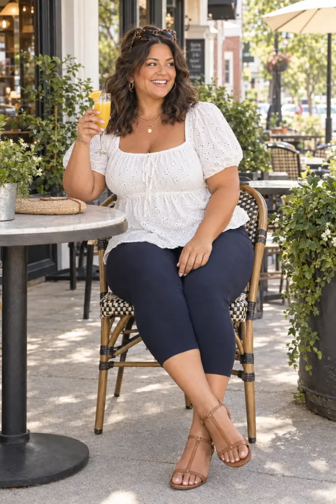 Curvy woman in navy cropped leggings and ivory eyelet blouse at a brunch patio in summer