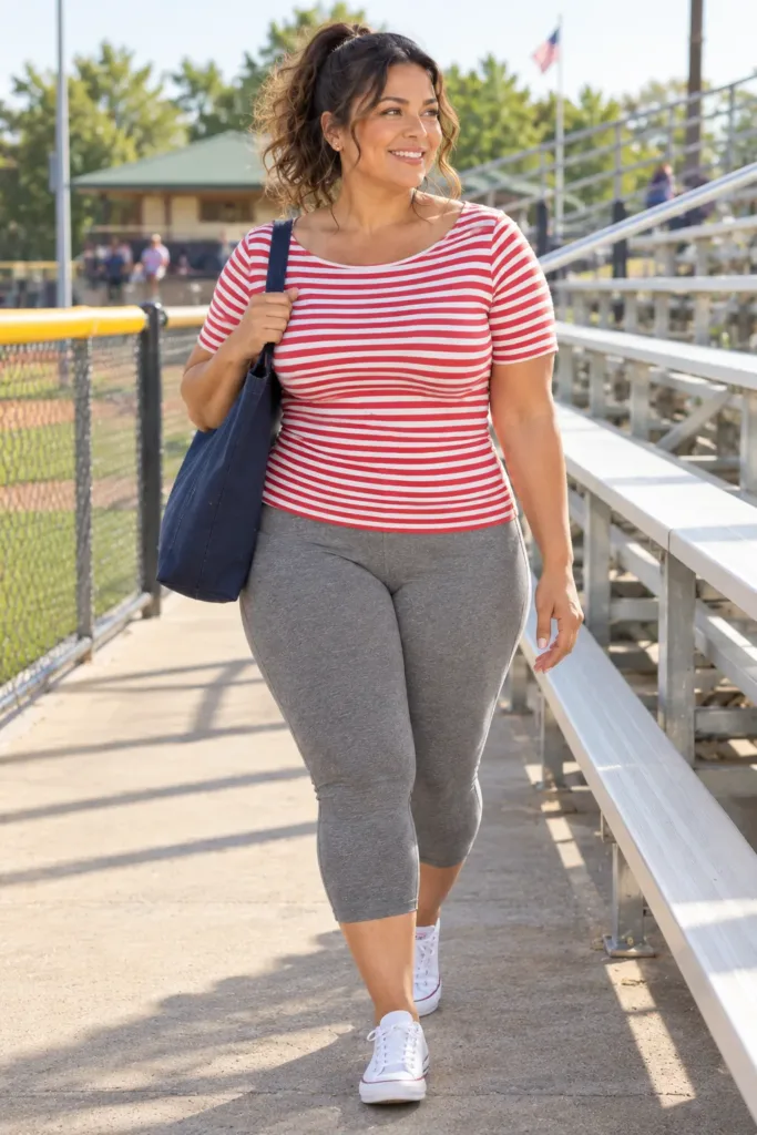 Budget plus size summer legging outfit with gray capri leggings and a red striped Breton tee