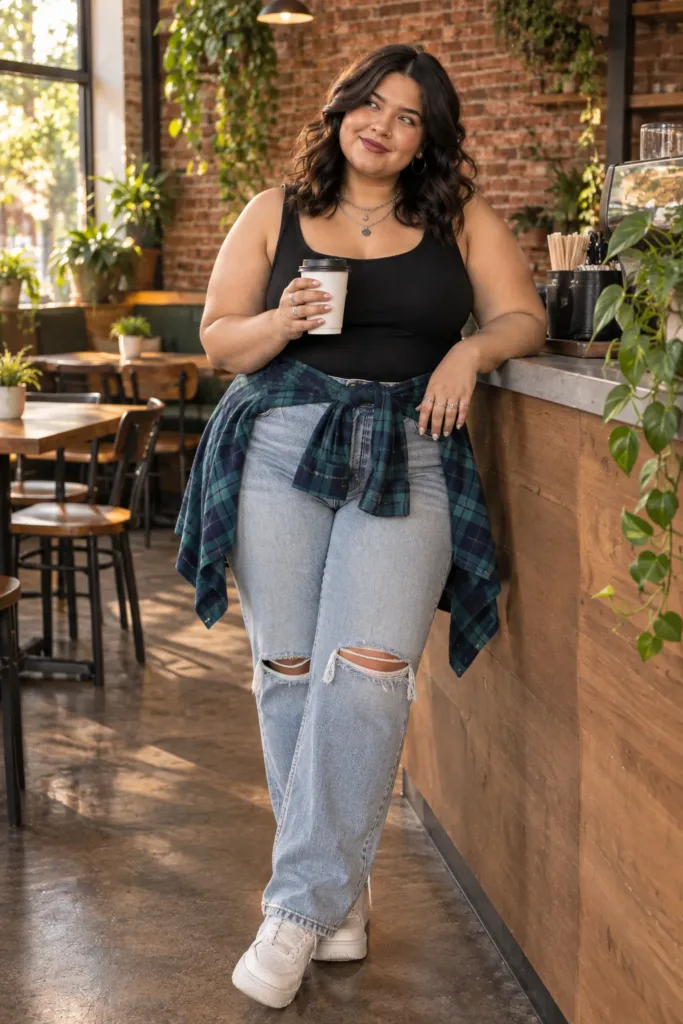 10 Plus Size Alt Summer Outfits for Curvy Women 9 Curvy woman in ripped jeans and flannel tied at waist, budget plus size alt outfit