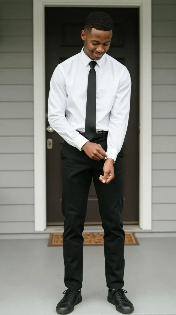 Man in white shirt and black chinos with slim tie, a budget hoco outfit for men
