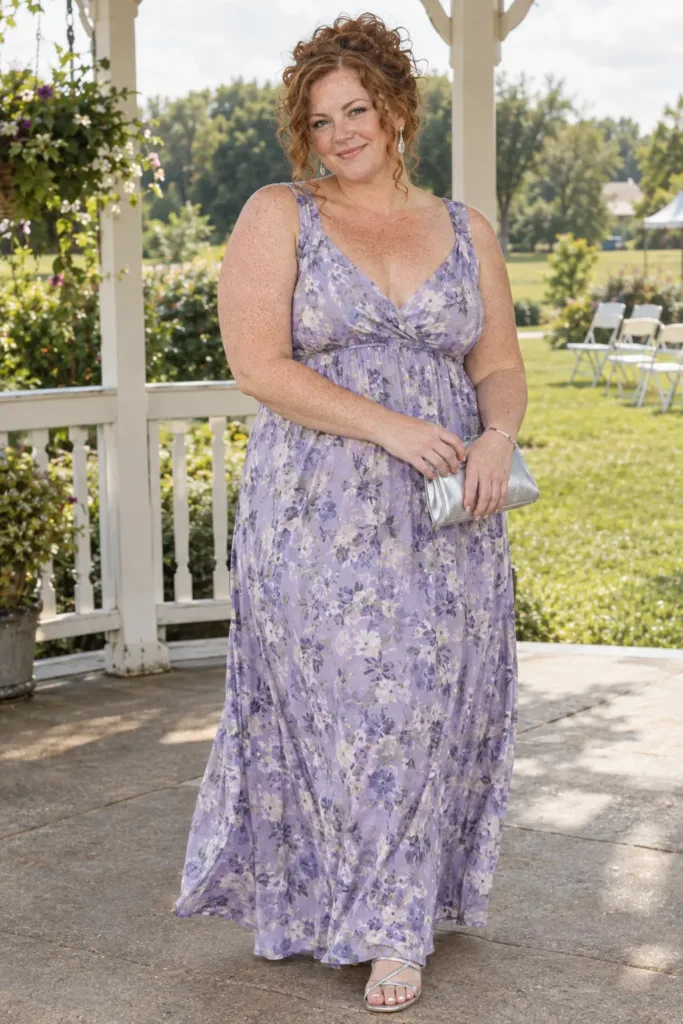 10 Amazing Plus Size Summer Wedding Dresses for Curvy Women 9 Affordable plus size summer wedding guest dress in a lavender printed maxi