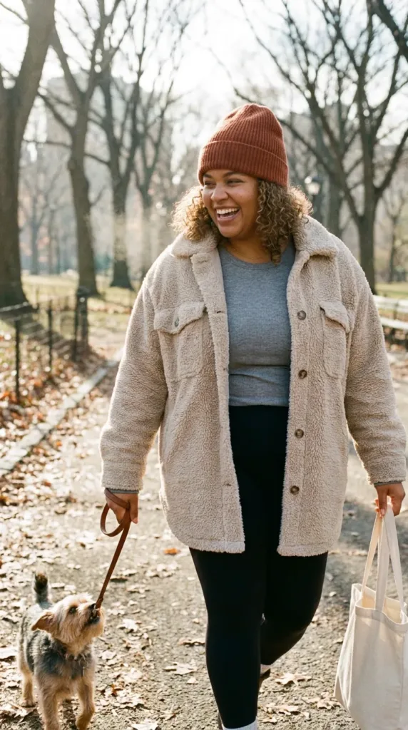 Plus-size woman in an oatmeal fleece oversized shacket with black leggings and sneakers walking in a park