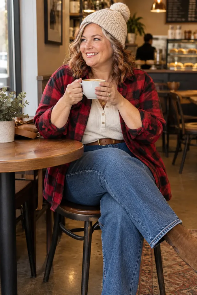 Fall Outfits for Plus-Size Women Over 50 That Feel Comfortable and Stylish 11 Plus-size woman over 50 in affordable flannel