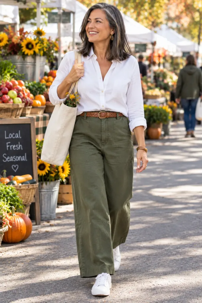 White button-down and olive wide-leg pants