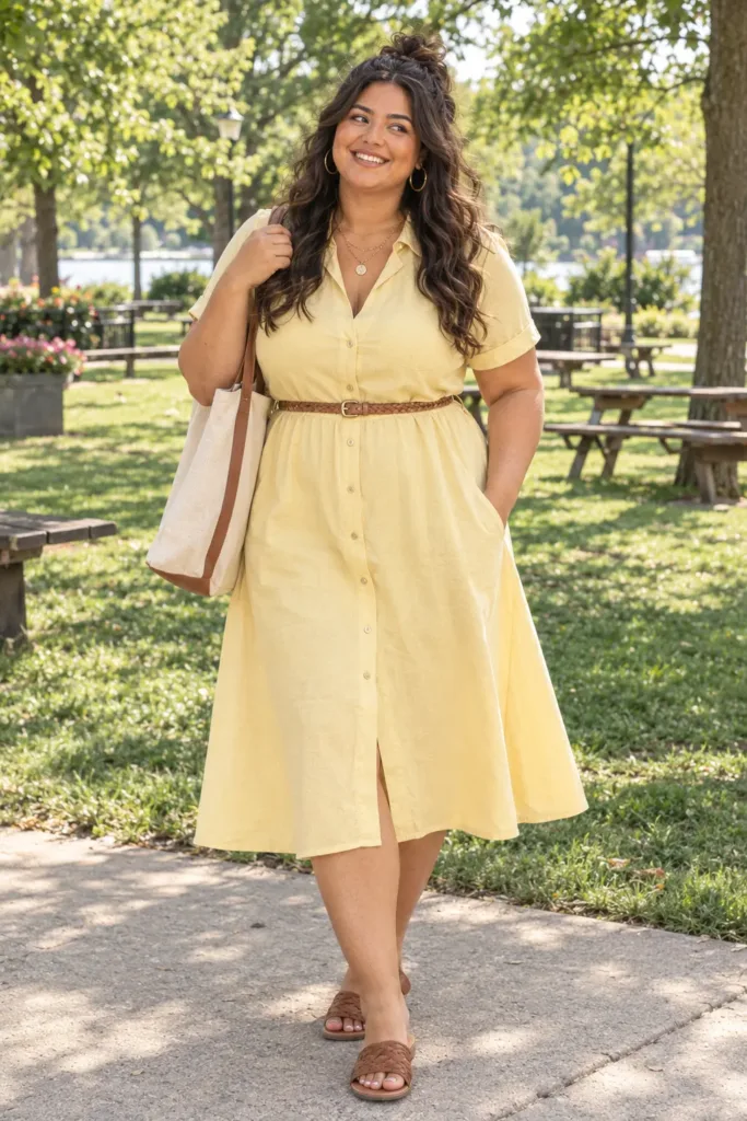 Plus size butter yellow swing midi dress with woven sandals in a neighborhood park