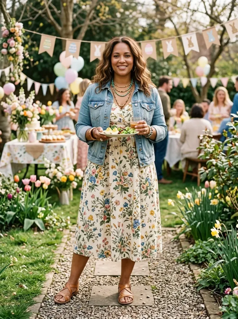 Plus size budget friendly thrifted Easter outfit with a floral midi dress