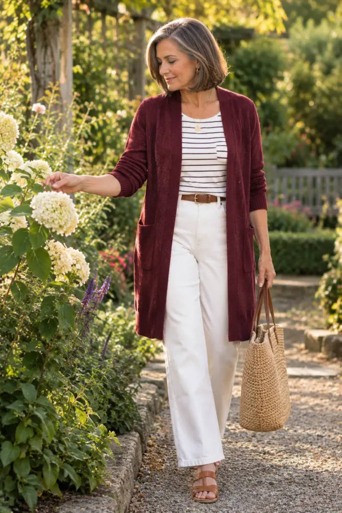 Woman over 50 in a burgundy cardigan