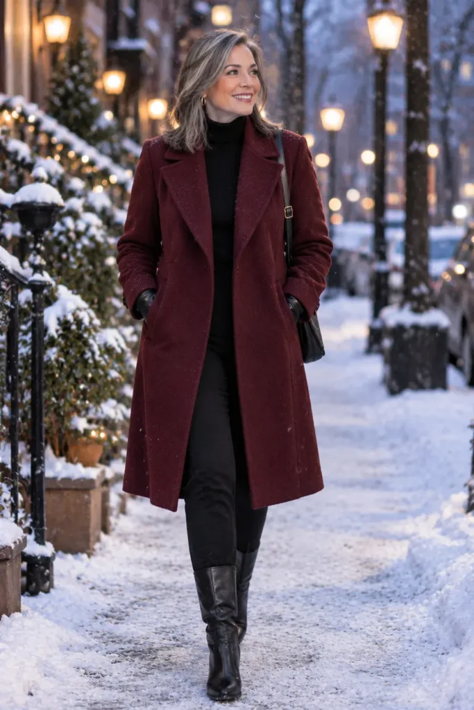 Woman over 50 in a burgundy coat