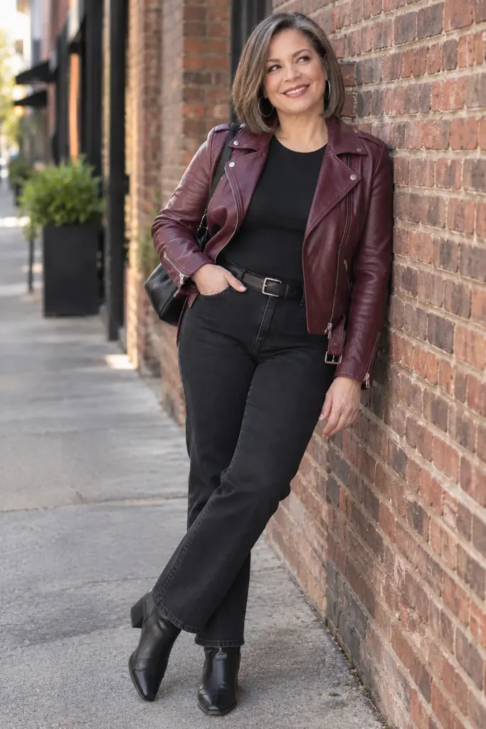 Woman over 50 in a burgundy leather jacket