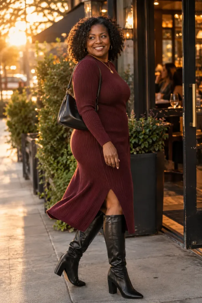 Woman over 50 in a burgundy midi dress