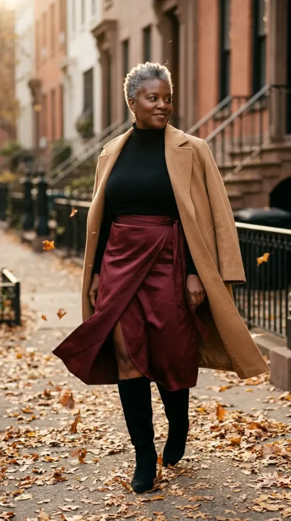 Woman in burgundy satin wrap skirt, black turtleneck and suede boots on an autumn street