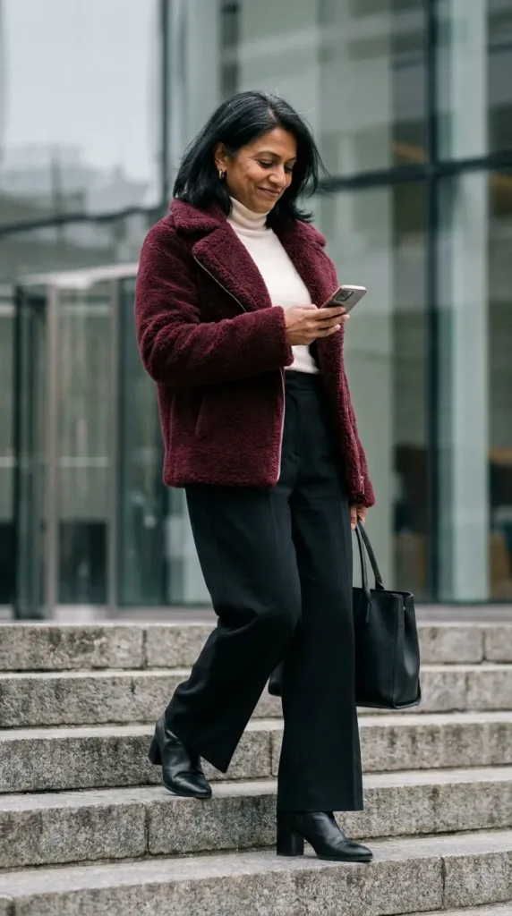 Woman in a burgundy faux shearling jacket, black wide-leg trousers and cream turtleneck on office steps