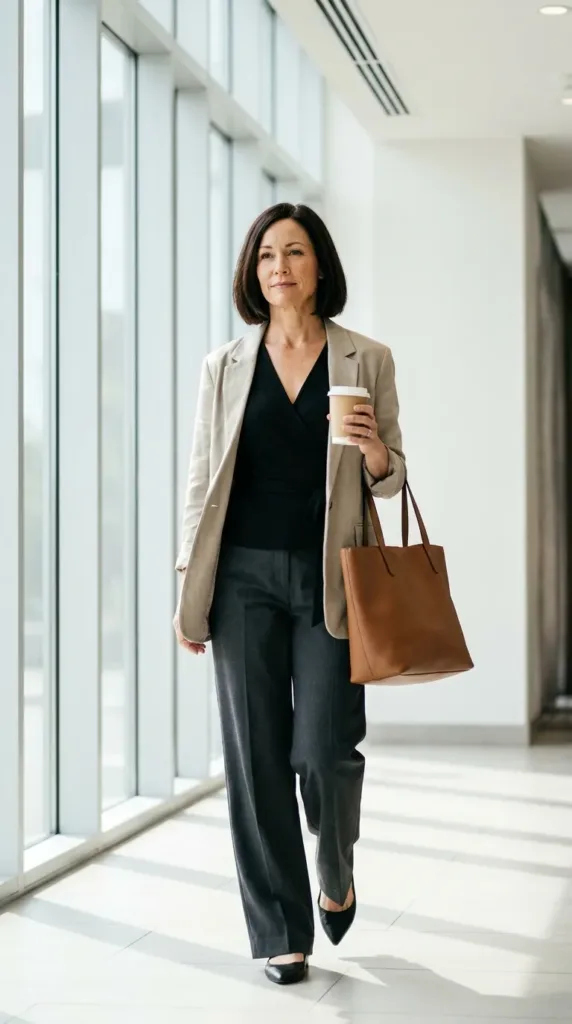 Woman in a black stretch-crepe wrap top and relaxed blazer on a business trip, a wrinkle-resistant travel top outfit