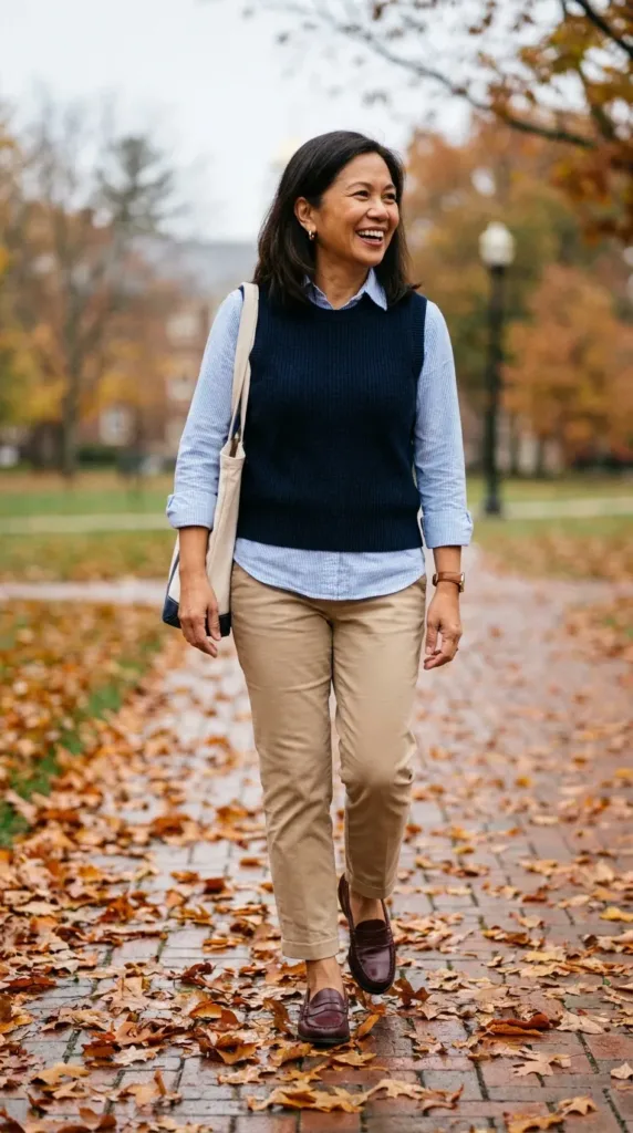 Light blue striped button-down with khaki ankle pants and burgundy loafers for women over 50