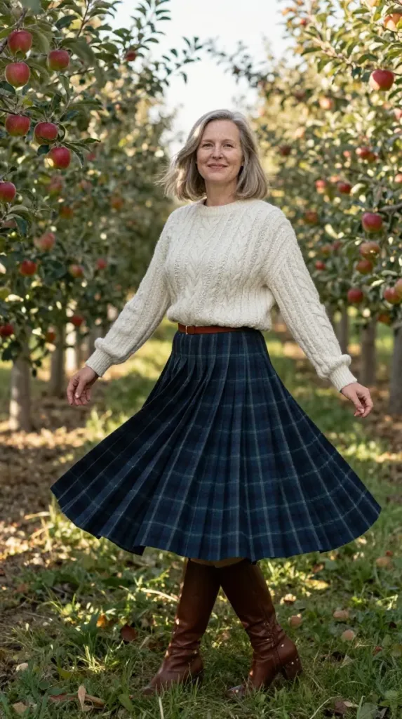 Plus-size woman in cream cable-knit sweater and plaid pleated midi skirt with knee-high boots in an orchard