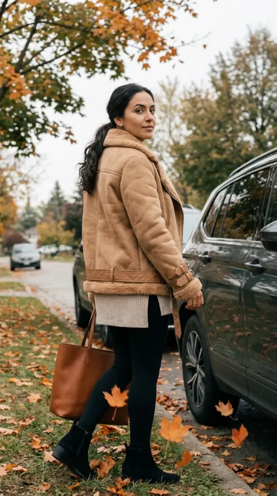Curvy woman styling a camel faux shearling aviator jacket with leggings and ankle boots