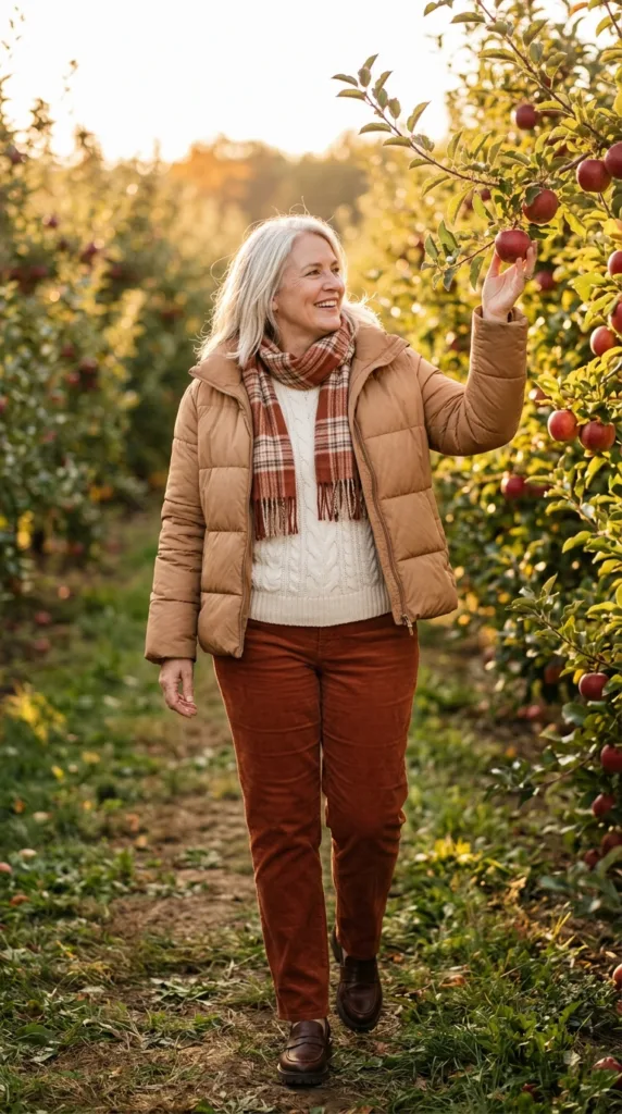 Woman wearing a camel packable puffer jacket with rust corduroy pants in an autumn orchard