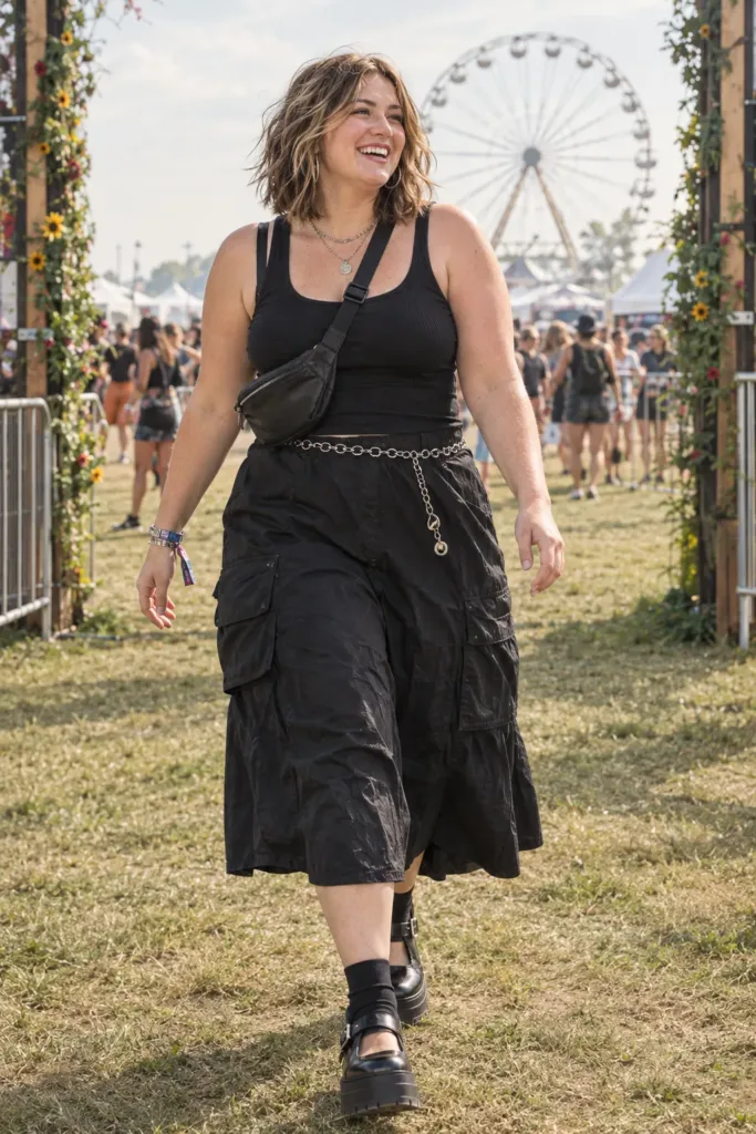  Plus size woman in a black cargo midi skirt and chain belt at an outdoor music festival, summer goth look