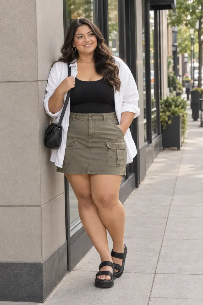 Curvy woman in a khaki cargo mini skirt, black bodysuit, and white overshirt on a city sidewalk