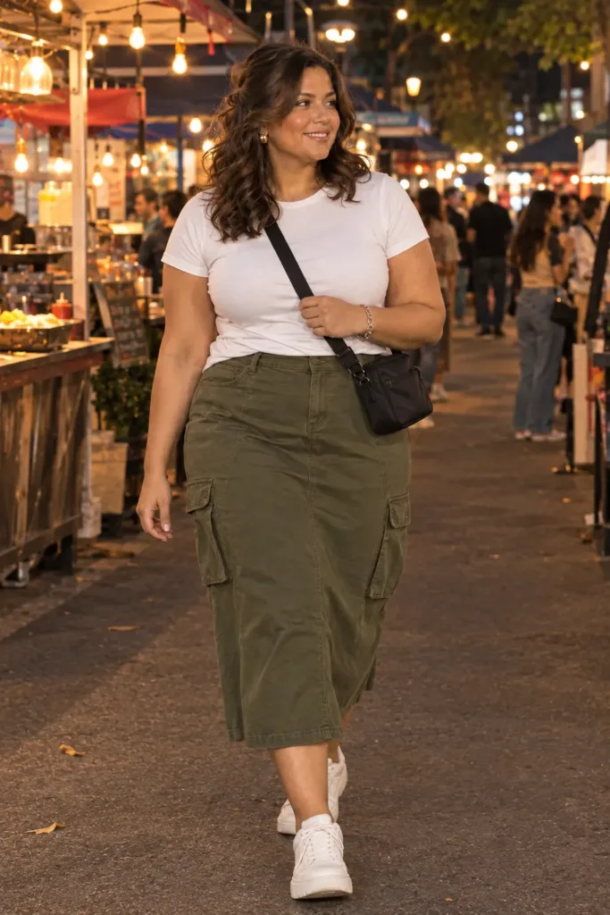 10 Plus Size Summer Going Out Outfits You'll Love 11 Olive cargo midi skirt with white baby tee and sneakers, comfy plus size summer night outfit