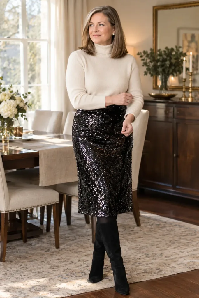 Cashmere turtleneck with sequin midi skirt