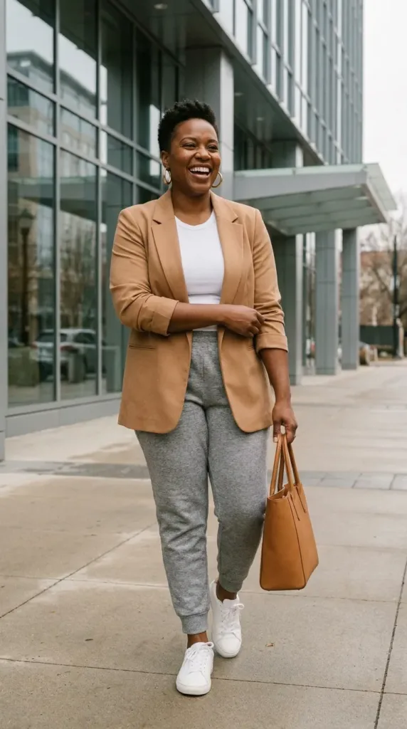 Woman wearing a gray jogger sweatpants outfit with a camel blazer and white sneakers