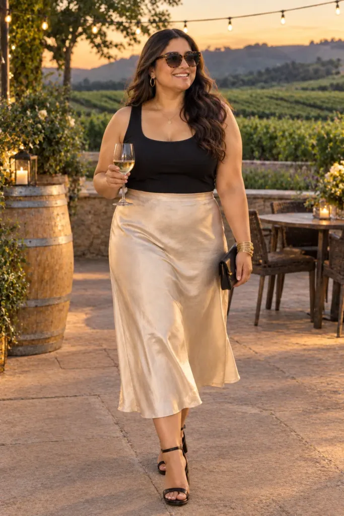 Plus size winery date night outfit with a champagne satin skirt and black tank at sunset