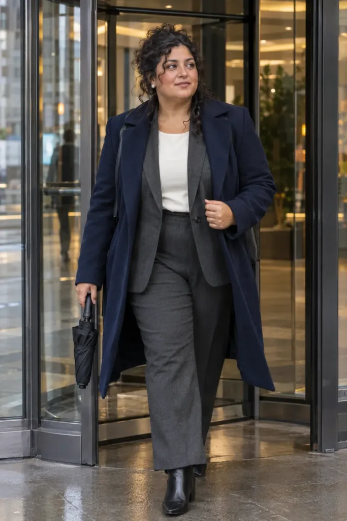 Curvy woman in charcoal pantsuit and navy overcoat entering an office tower on a rainy interview day